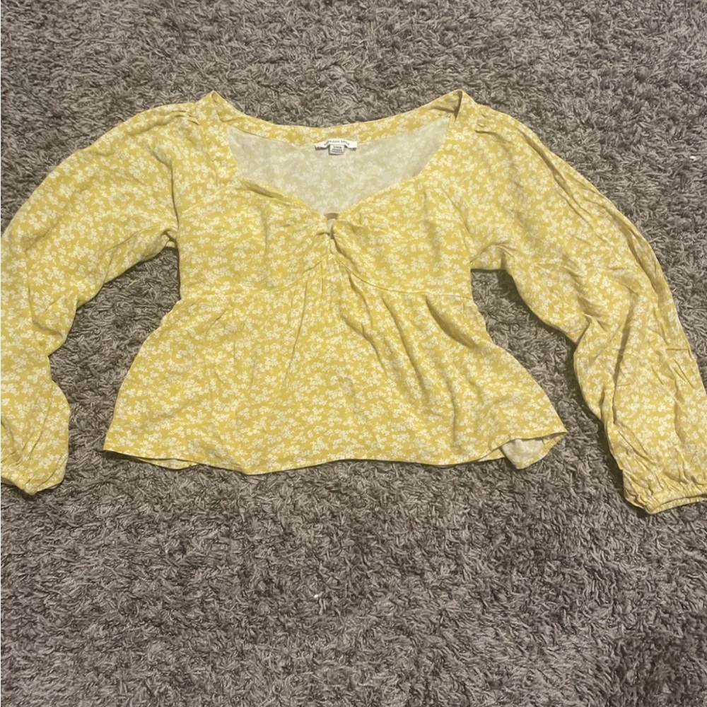 American Eagle Peasant Top Small Renaissance Yellow Balloon Sleeve Smocked Boho